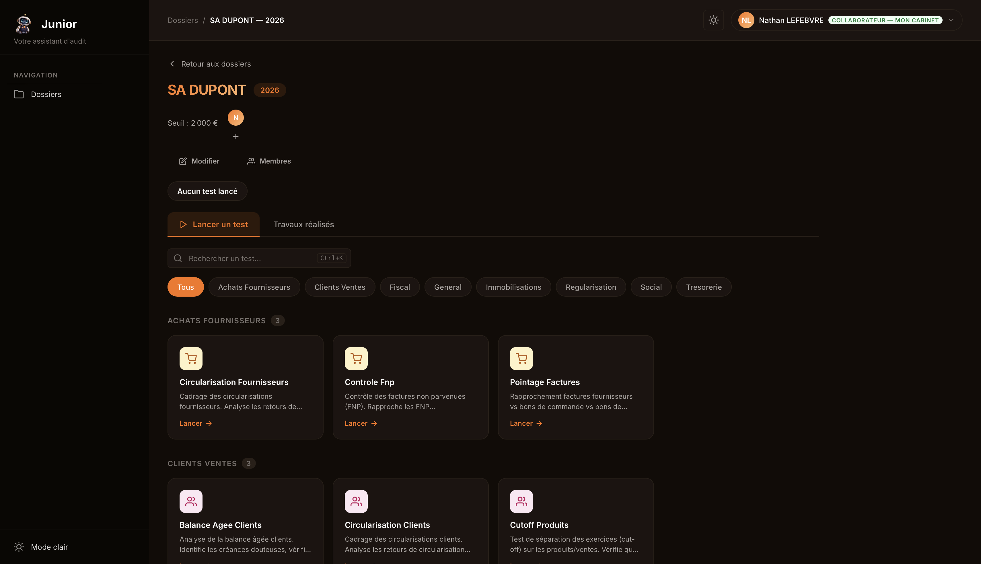Dashboard des tests disponibles